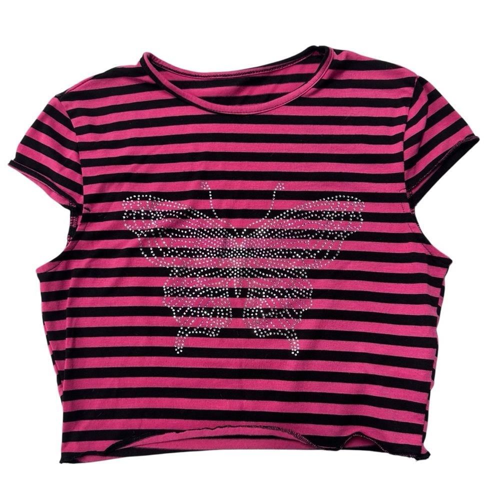 SHEIN Pink and Black Striped Cropped Tee